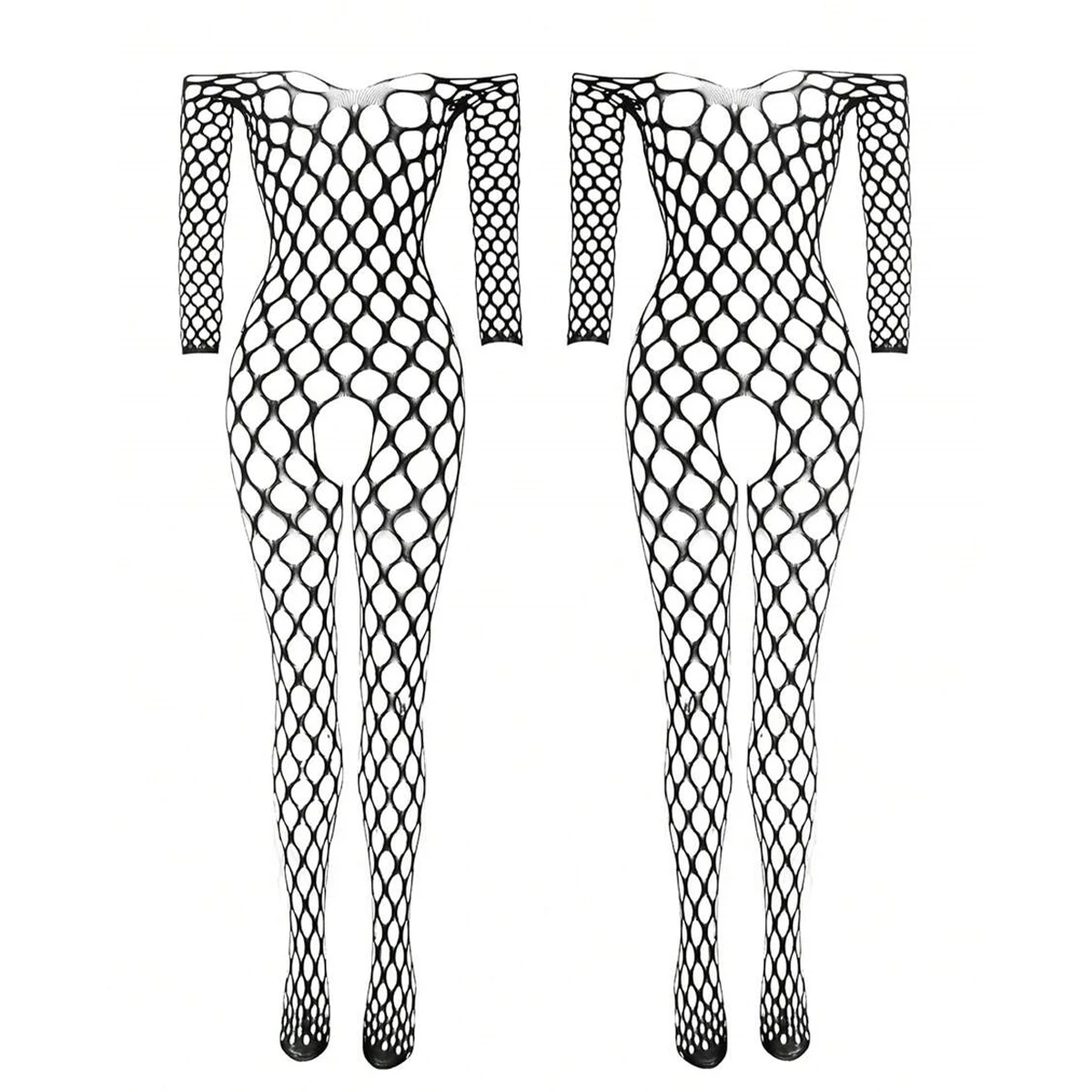 See Through Sexy Bodysuits Open Crotch Erotic Lingerie Women\'s One Shoulder Long Sleeved Fishing Net Lace Jumpsuit Bodystocking