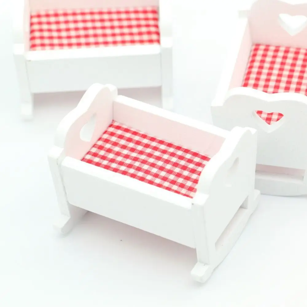 1/12 Mini Dollhouse Miniature Wooden Solid Wood Pure White Cradle Crib Doll Bed Simulation Furniture Model Toys for Doll House