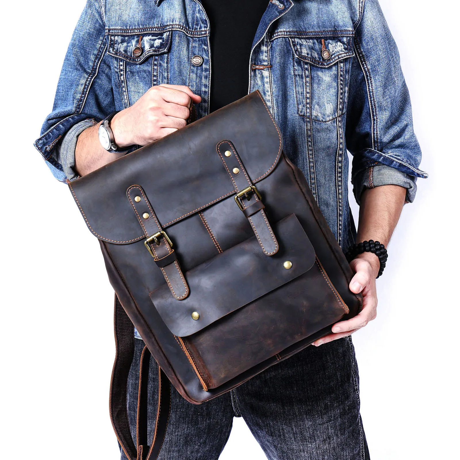 S.WORKER Vintage Echtleder Herrenrucksack Handgefertigte Top-Grain-Leder Laptop-Umhängetasche Crazy Horse Tasche Mode für Männer – Detail 4