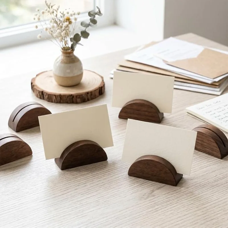 10pcs Wooden Table Number Stands Wedding Place Semicircular Design Name Card Picture Sign Holder Walnut Color Office Tag Clips
