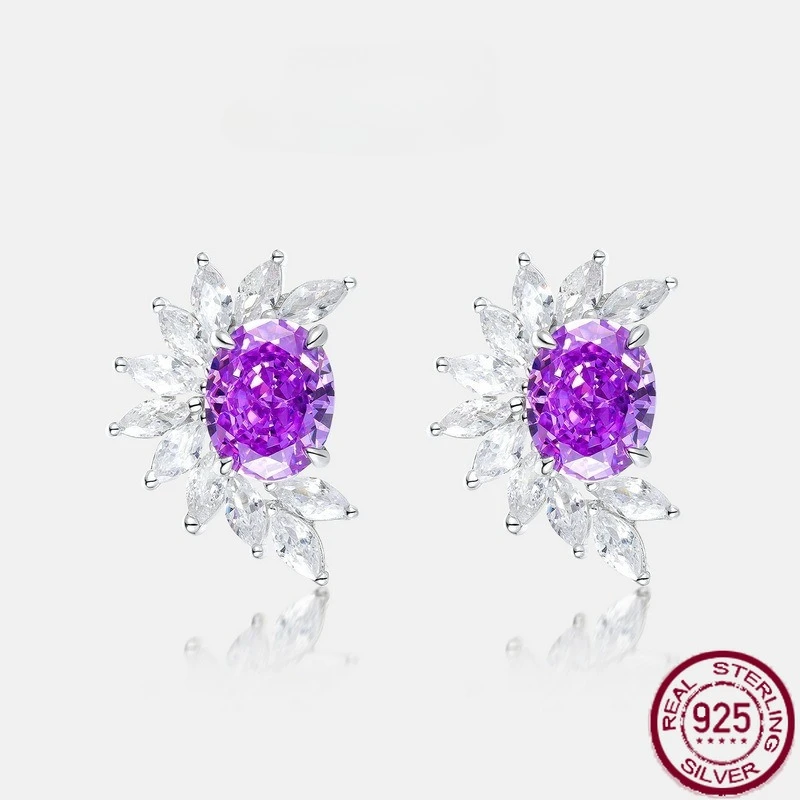 

New S925 sterling silver 3X5 egg shaped eight heart eight arrow purple high carbon diamond fashion temperament wedding jewelry