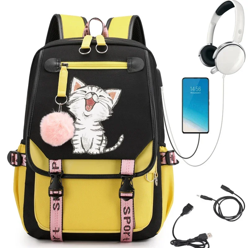 Carregamento USB Mochila De Viagem, Mochilas Impressão Gato Kawaii, Grande Capacidade Laptop Bookbag Impermeável, Sacos De Moda