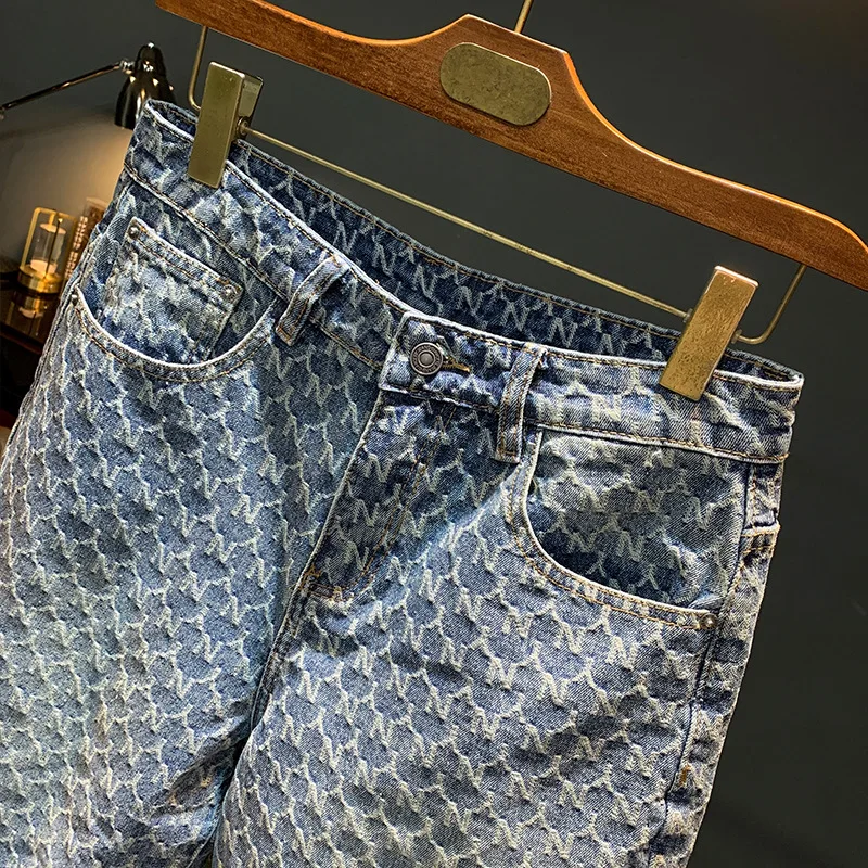 Jacquard denim shorts men's summer 2025 thin casual blue trendy brand loose design five quarter pants