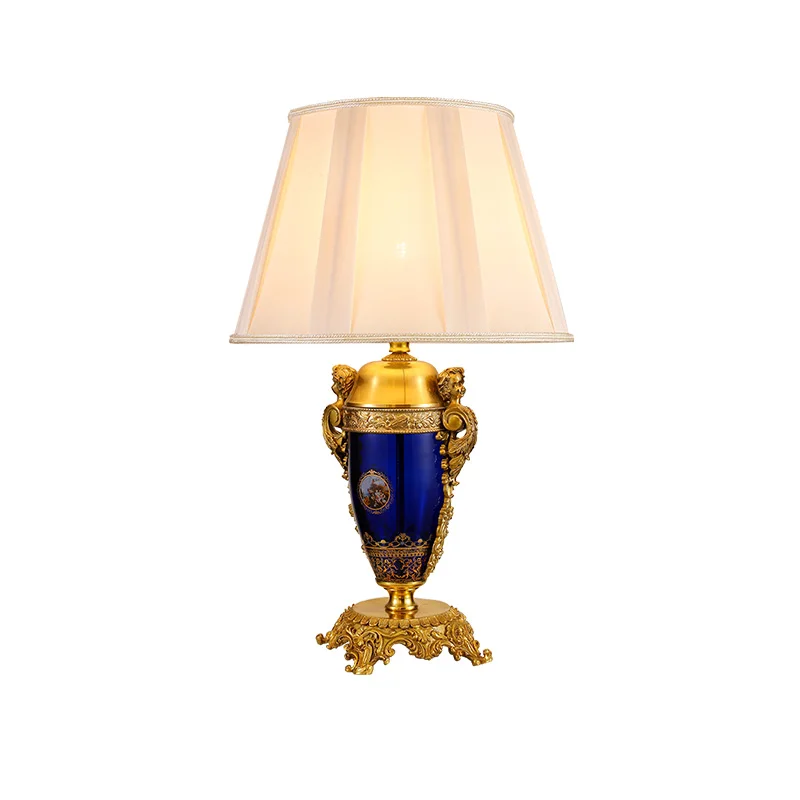 French Living Room Elegance Brass Carved Fabric shade Table Lamp European Bedroom Decoration Led Study Desk Light