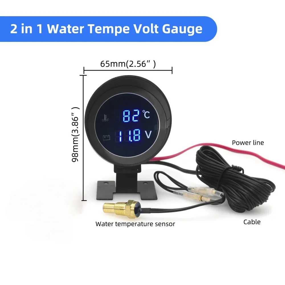 2-in-1 Water Temperature & 1Voltage Gauge Set 2in 52mm Digital LED With Sensor Automotive Modification Parts
