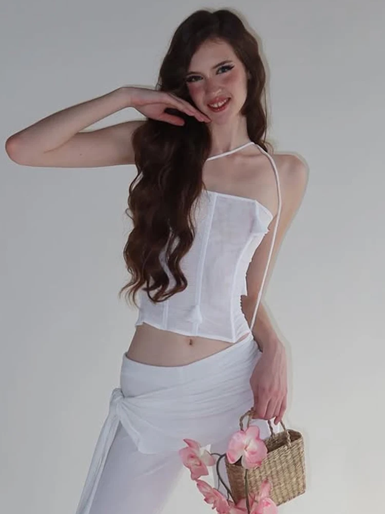 WEIRD PUSS High-Cold Beau Pure Desire Micro-Transparente Ne Top de tubo colgante mujeres Sexy exposición de hombro Top versátil