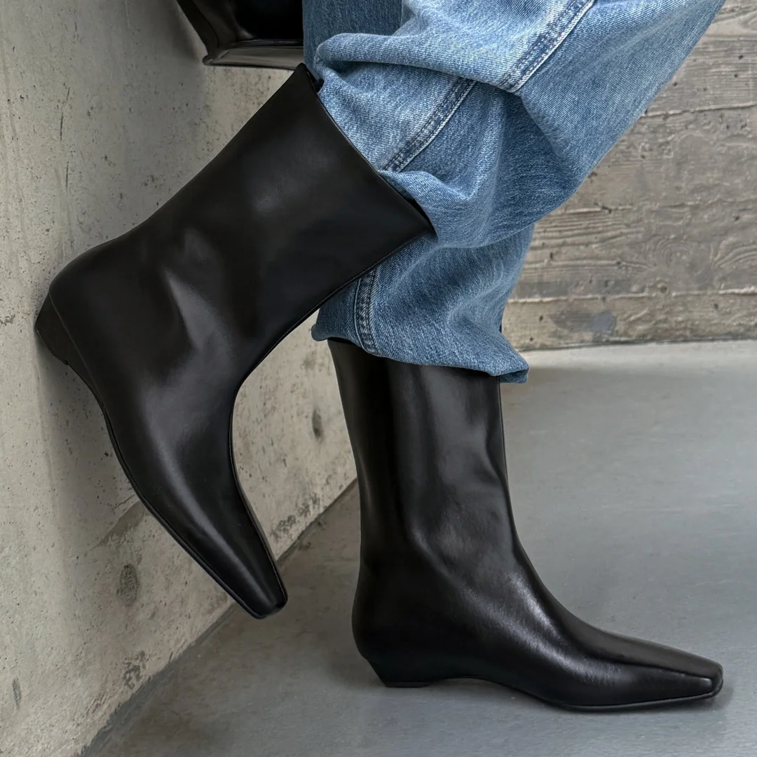 

Women's genuine leather square toe slip-on flats autumn mid-calf boots casual female 2.5cm kitten heel half boots shoes woman