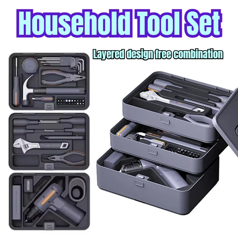 Household Tool Set Power Tool Combo Kits with 12V Cordless Drill Professional Home Household DIY Hand Tools Kits for Repair