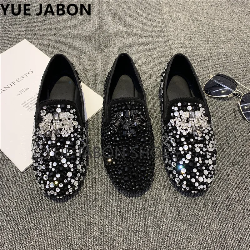 Luxury Black Men Rhinestone Loafers Genuine Leather Casual Shoes Men Wedding Shoes Flats Casual Gentlemen Dress Wedding Shoes