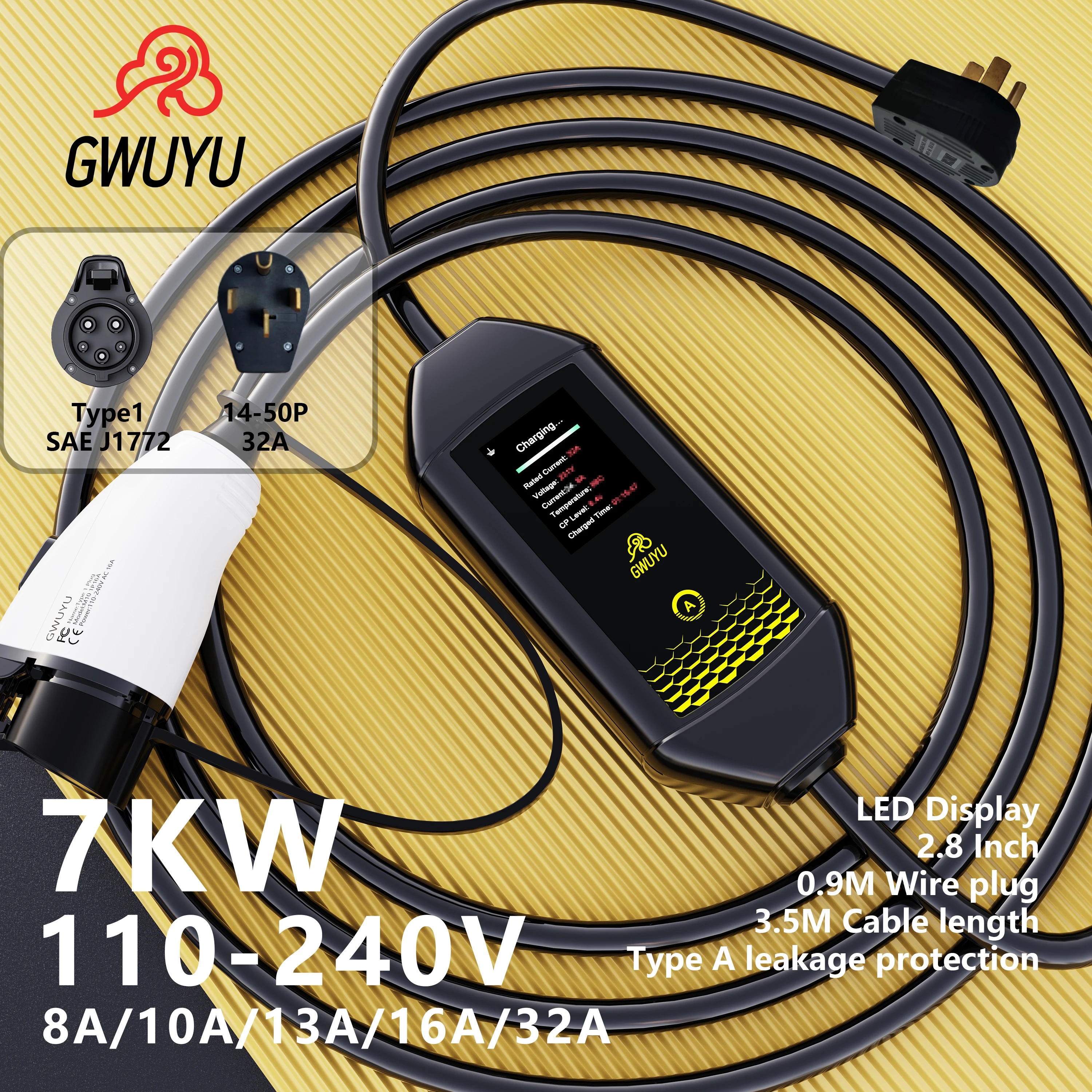 شاحن EV محمول من GWUYU ، النوع 1 ، SAE J1772 ، 3.5 كيلو وات ، 7.6 كيلو وات ، 32 أمبير ، تيار قابل للتعديل ، 8A ، 10A ، 13A ، 16A ، شاحن سيارة كهربائية EVSE