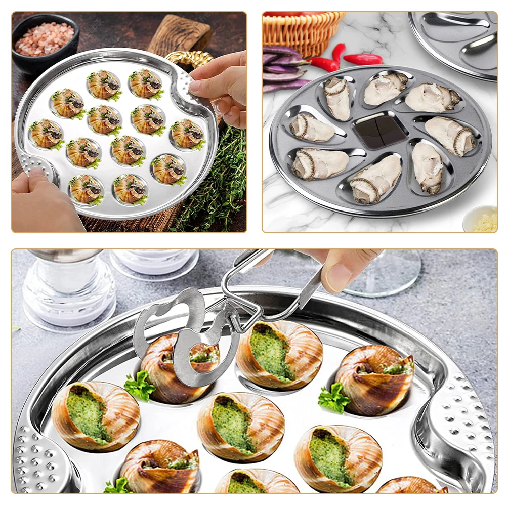 

1 Set Stainless Steel Seafood Plate Set Oyster Serving Dish Snail Baking Pan Escargot Tray Shellfish Cooking Utensil Restaurant