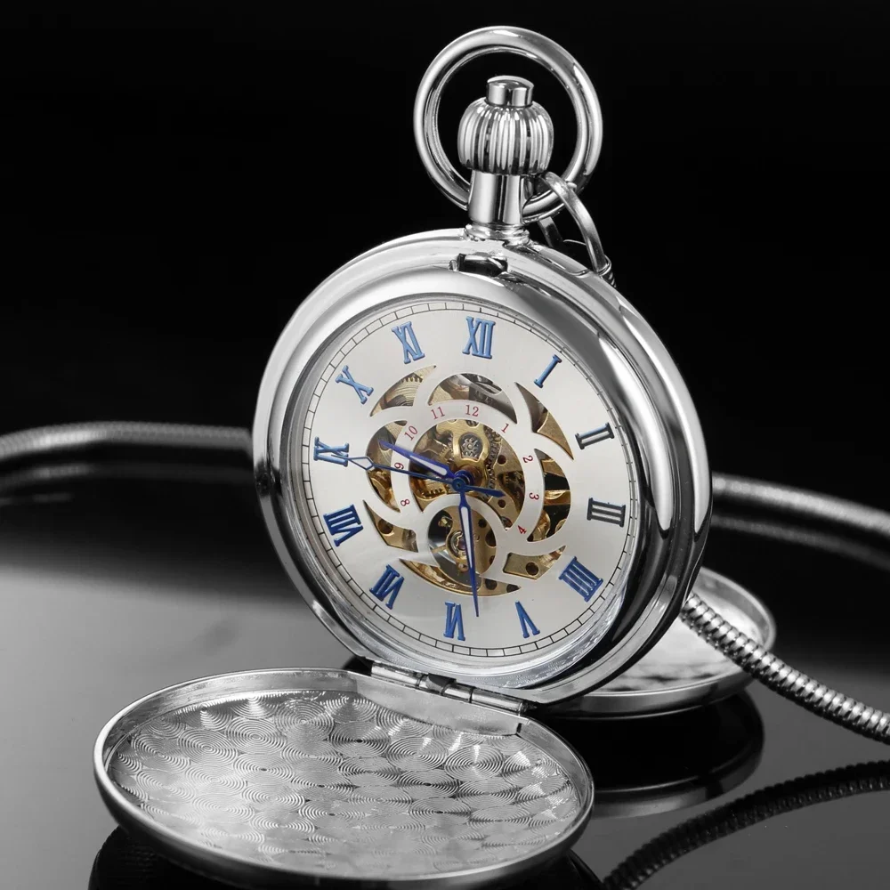 Vintage Classic Shield Design Mechanical Pocket Watch Men Gift Chain Pendant Antique Self Winding Clock Male Fob Watches Gift