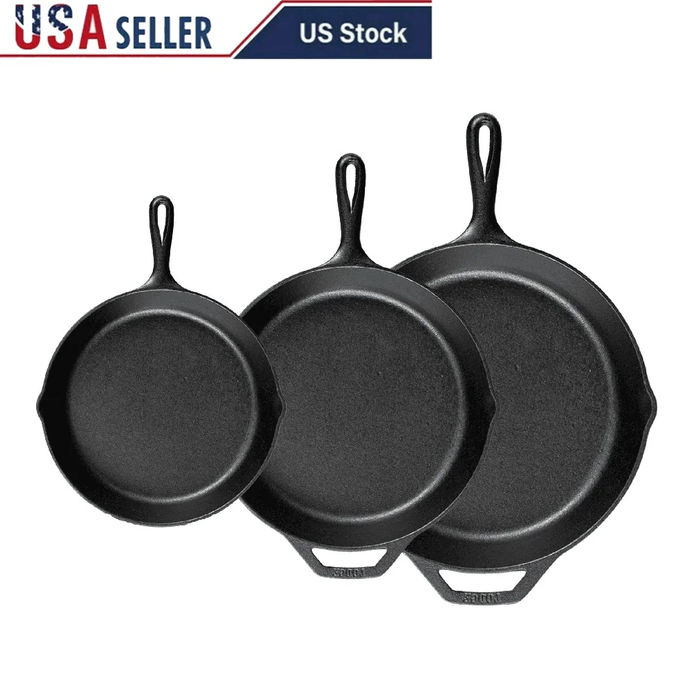 

Cast Iron Skillet Set 3 Piece Nonstick Cookware Oven Grill Campfire Induction Cooking Easy Care Heat Retention