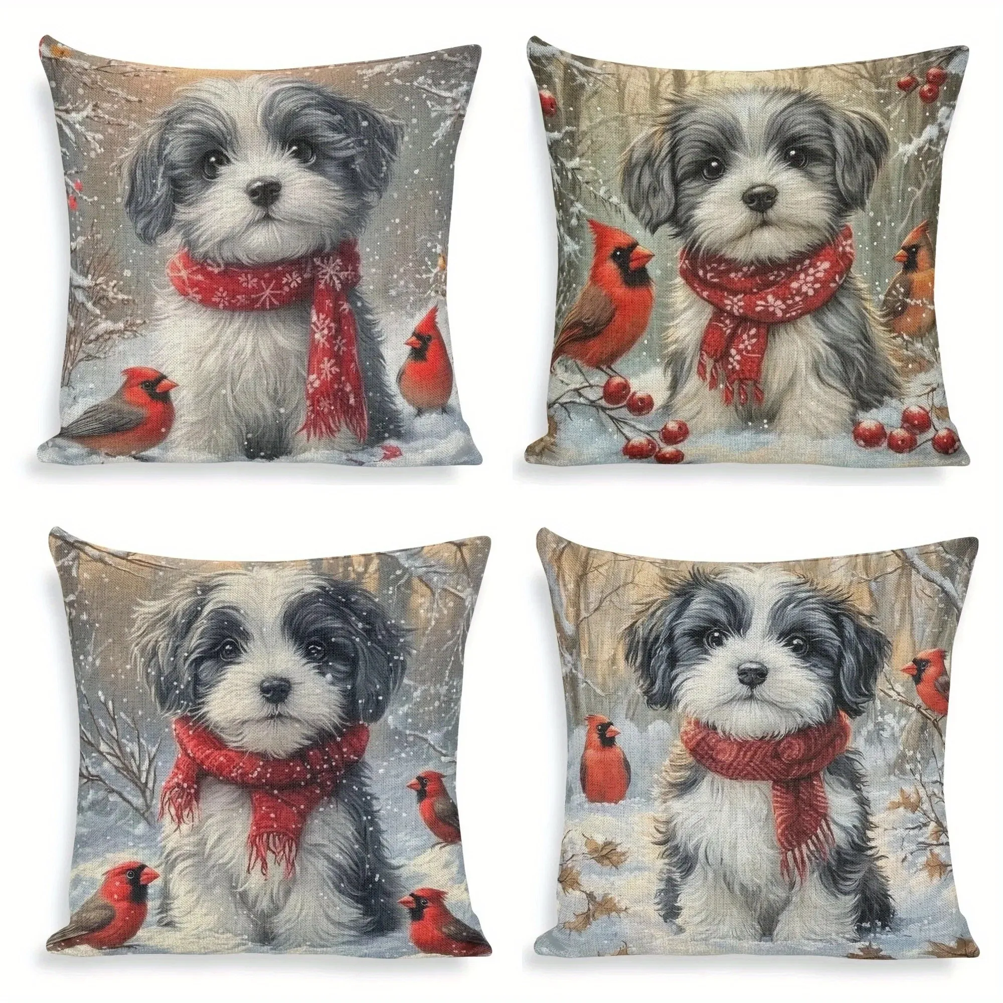 Snowy Scene: Puppy & Cardinals Throw Pillow Pattern Cushion Cover Suitable for Sofa Bedroom Car Pillow Cover