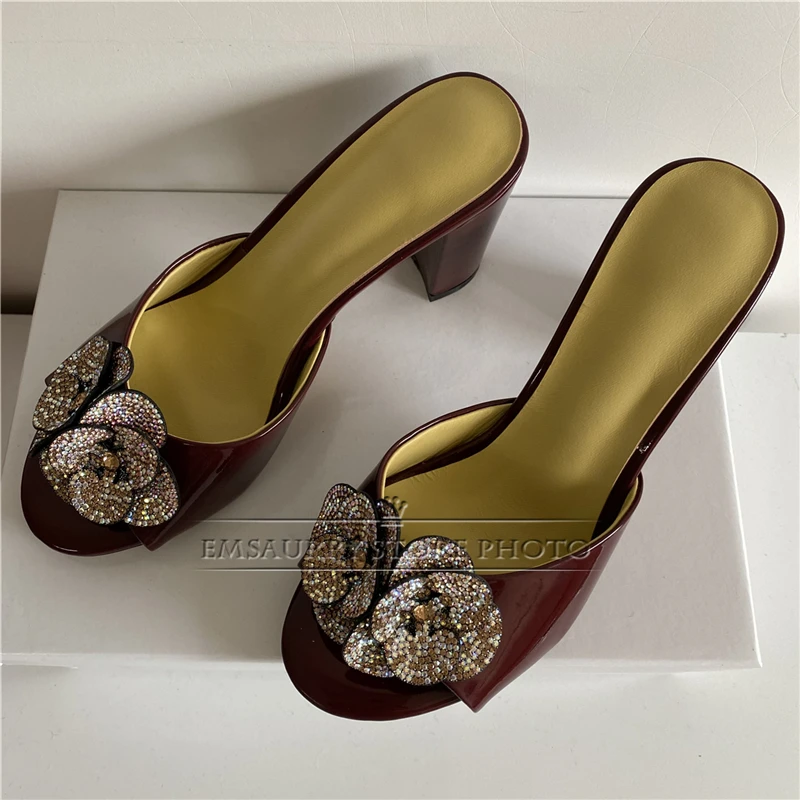 Luxury Jeweled Crystal Flower Decor Mules Summer Chunky Heel Patent Leather Slingbacks Slim Sandals For Girls Women