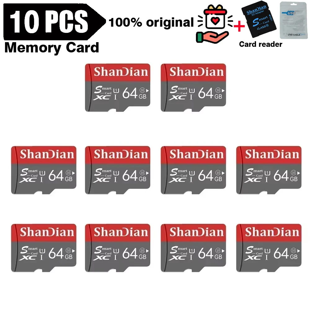 SHANDIAN 10 PCS Memory Card 64GB LOT Mini SD Card Flash Drive 32GB U1  Memoria TF  for Mobile Phone Tablet Robot UAV USB Stick