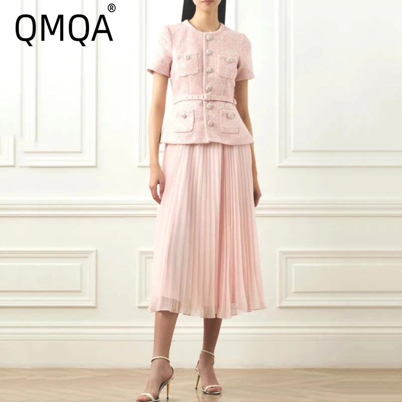 QMQA Mode Dames Elegante 2-delige set O-hals Korte mouw Pailletten Tweed Riem Jas Hoge taille Geplooide Rokken Sets 2024 Nieuw 1A115