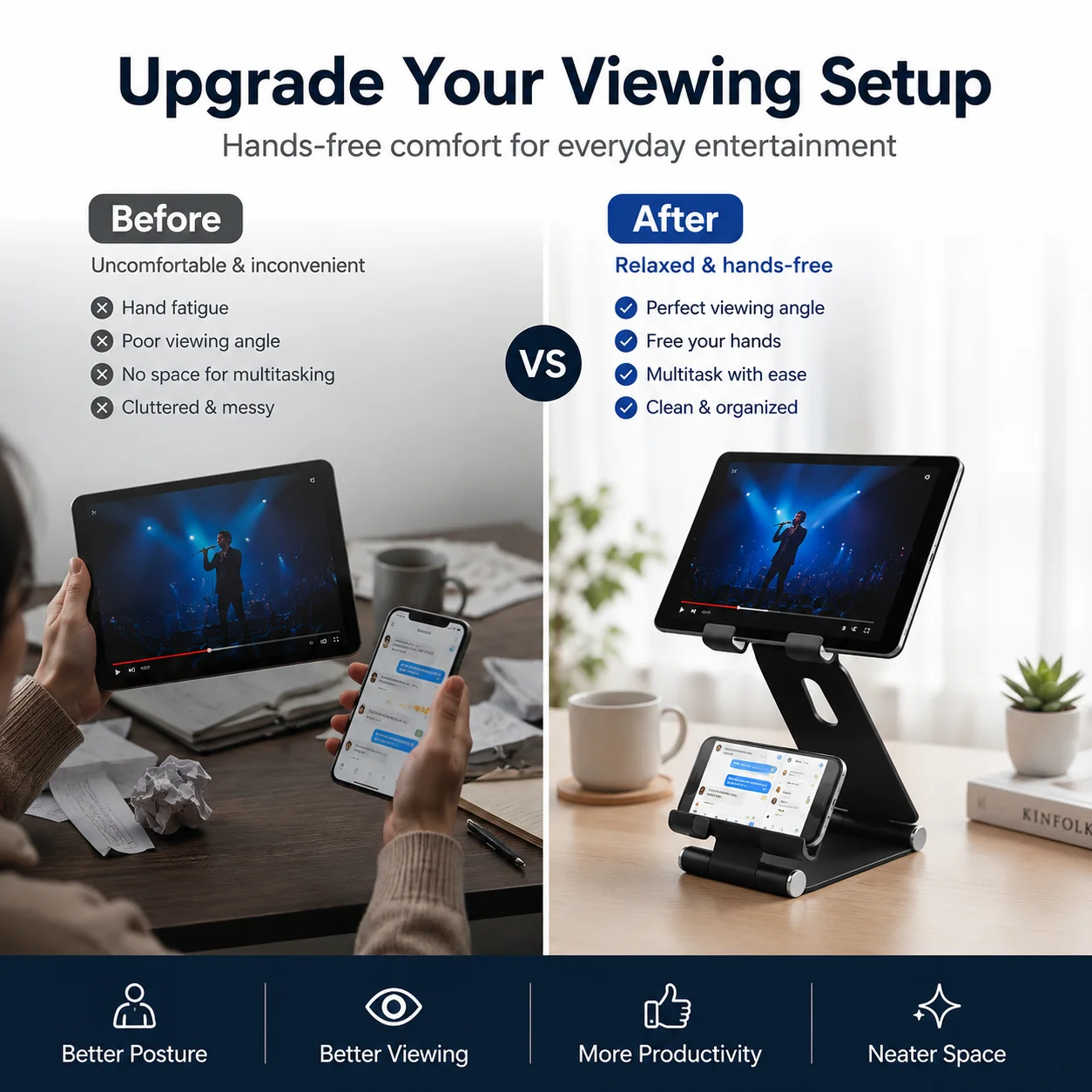 Foldable Metal Tablet & Phone Stand, Dual Bracket Adjustable Desktop Holder for iPad iPhone, Portable Sturdy Stand.