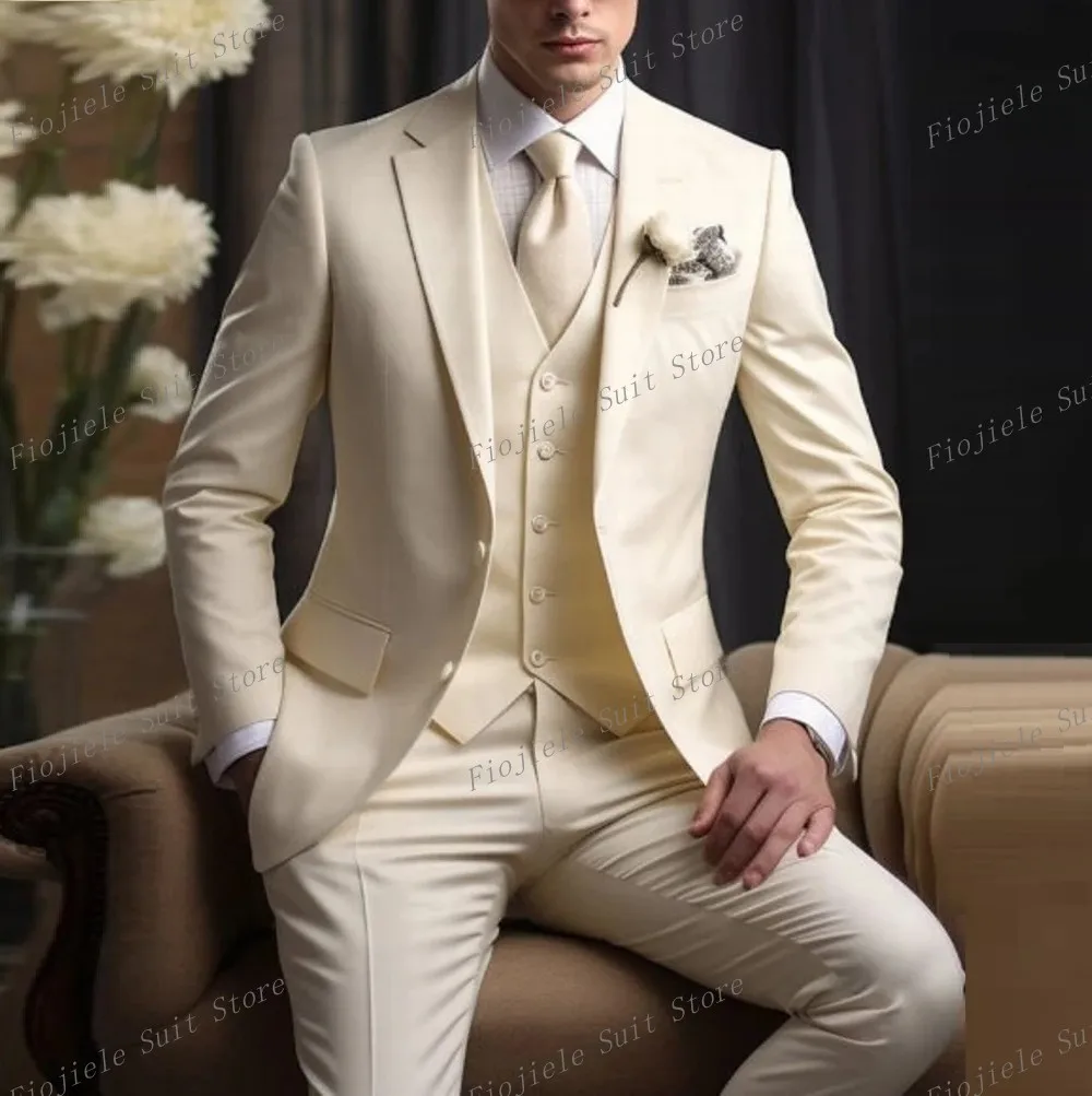 

New Ivory Men Suit Business Prom Party Groom Groomsman Wedding Formal Occasion Tuxedos 3 Piece Set Jacket Vest Pants