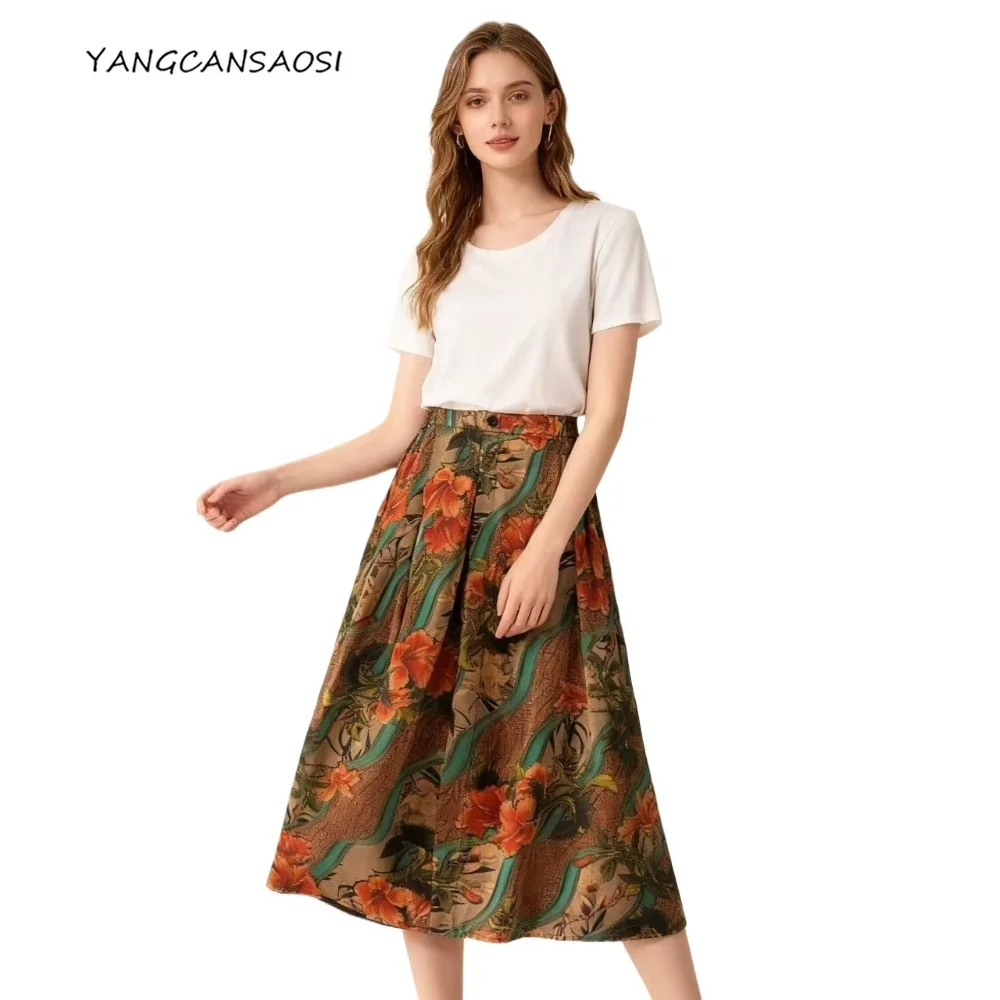 

2025 Women's Fashion Autumn New 100% Natural Mulberry Silk Gambiered Guangdong Gauze High Waist Brown Printed A-line Skirt