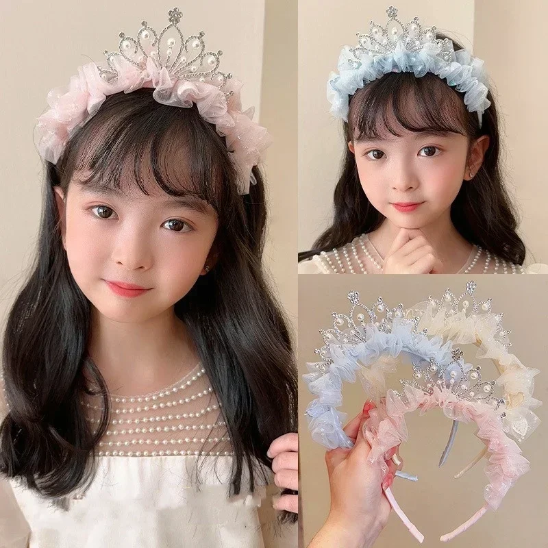 

Hot 1 Piece Kids Sweet Princess Headband For Girl Mesh Pearl Crown Hair Hoop For Children Birthday Party Hair Styling Headwear
