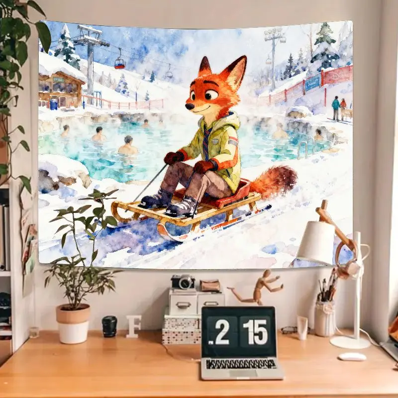 1개 귀여운 만화 여우 썰매 겨울 온천 태피스트리, 모던 수채화 폴리에스터 벽 장식 거실 침실 기숙사 장식용