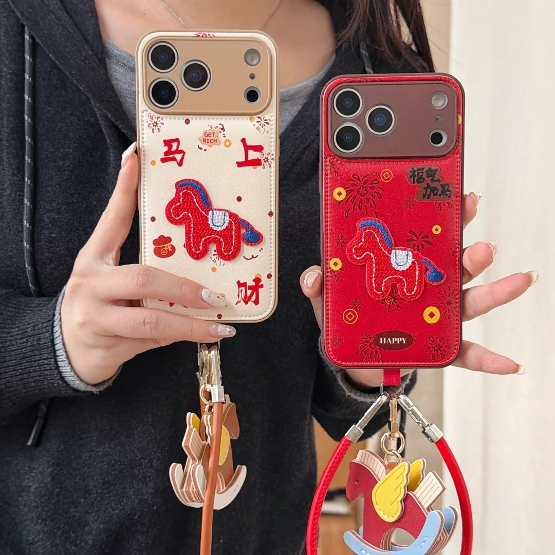 

New Year Gifts Luxury sheepskin leather Phone Case For iPhone 17 16 15 14 Pro Max 13 fine hole lens protection case with lanyard