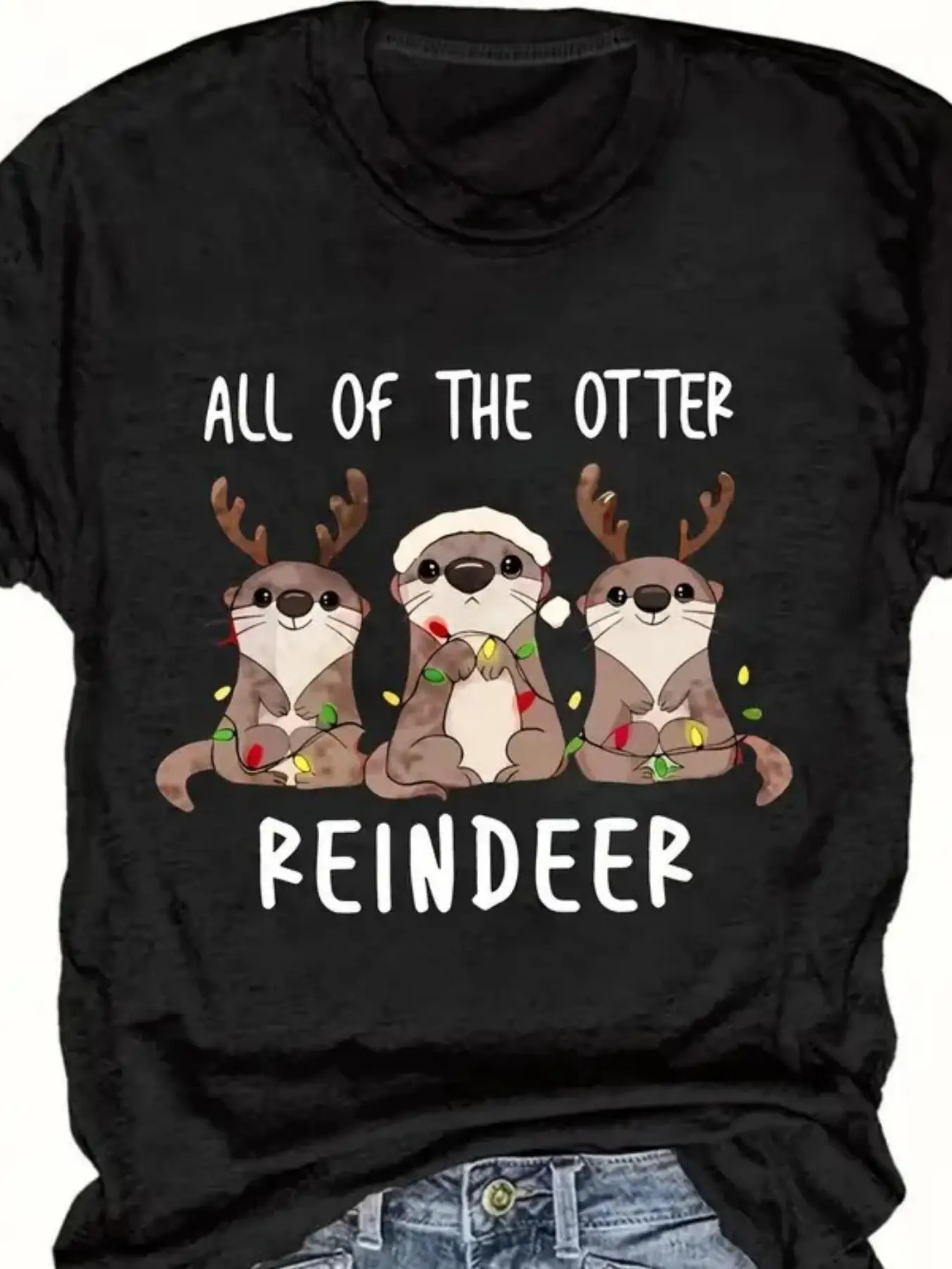 Cute Otter and Reindeer Christmas T-Shirt - Short-Sleeved, Round-Neck Casual Top with All-Over Otter and Reindeer Print, Available at Local Community Stores for Quick Delivery, Soft and Comfortable, Special Discount Available, Suitable for Easter, Halloween, Thanksgiving, Christmas, and Other Holidays