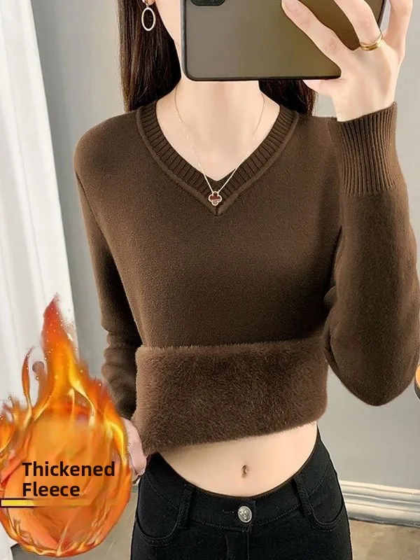 

Утепленный женский вязаный свитер с V-образным вырезом, облегающий, больших размеров, теплый топ с интегрированным бархатом, осенне-зимняя мода