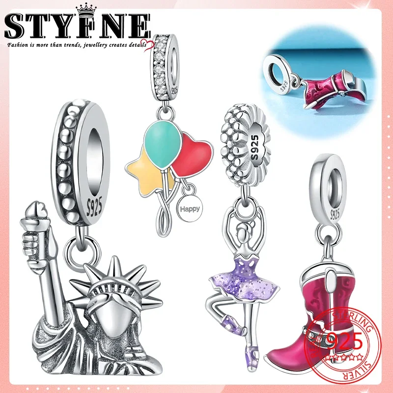 Travel Hobbies Beads 925 Sterling Silver Pink Boots Dancing Dancers Statue of Liberty Colored Balloons Charms Bracelets Jewelry