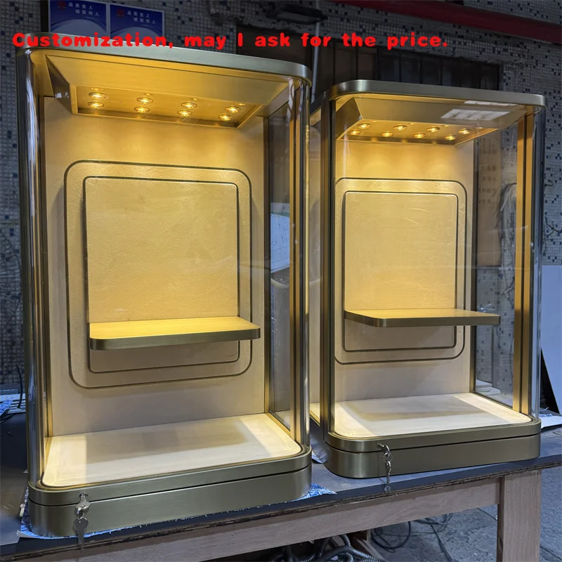 custom.High-end Custom Metal Stainless Steel Wall Mounted Cabinet Glasset Jewellery Display Cabinet with LED