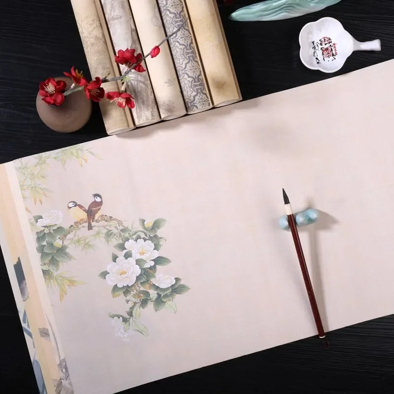 Long Strip Rice Paper Half Raw Half Cooked Xuan Paper Wax Print Blank Floral Bird Pattern for Calligraphy Painting Art Supply