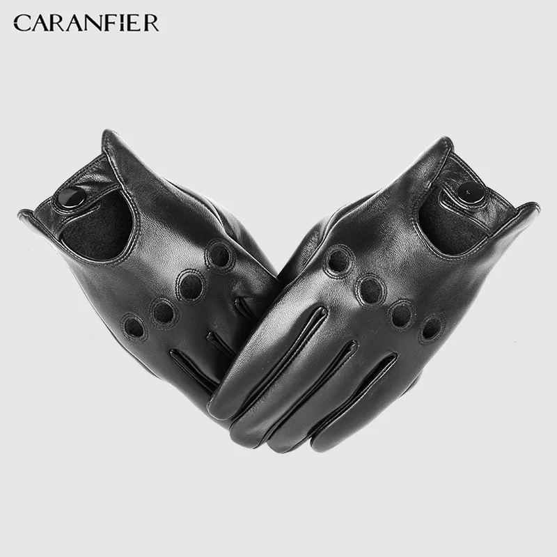 CARANFIER Mens Genuine Sheepskin Leather Gloves Driving Car Motorcycle Bike Goatskin Touch Screen Mittens Breathable Guantes