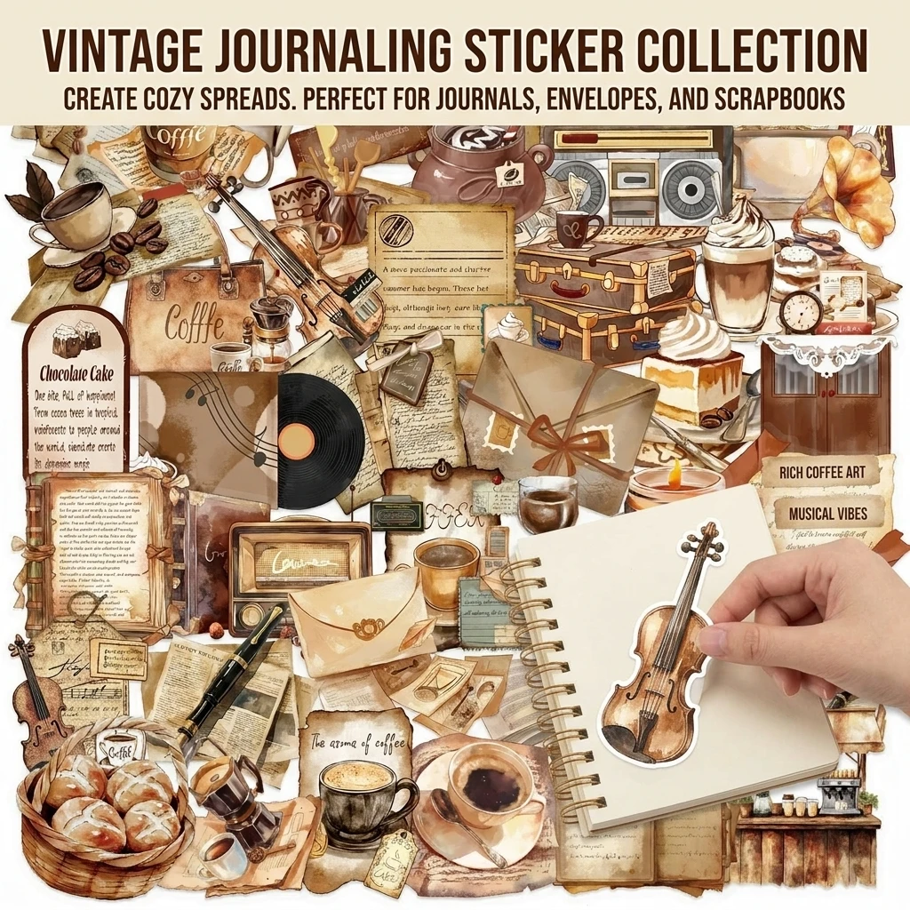 

Vintage Cafe Sticker Pack 50Pcs PET Waterproof Decorative Stickers for Journal Scrapbooking Crafting