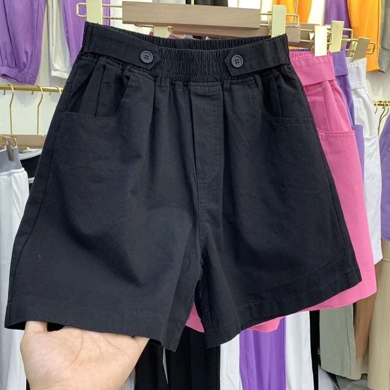 2025 Pantalones cortos Mujer Verano Algodón Pantalones casuales Pantalones sueltos de gran tamaño Pantalones de pierna ancha Púrpura Negro Blanco Rosa-rojo Pantalones cortos de cintura alta