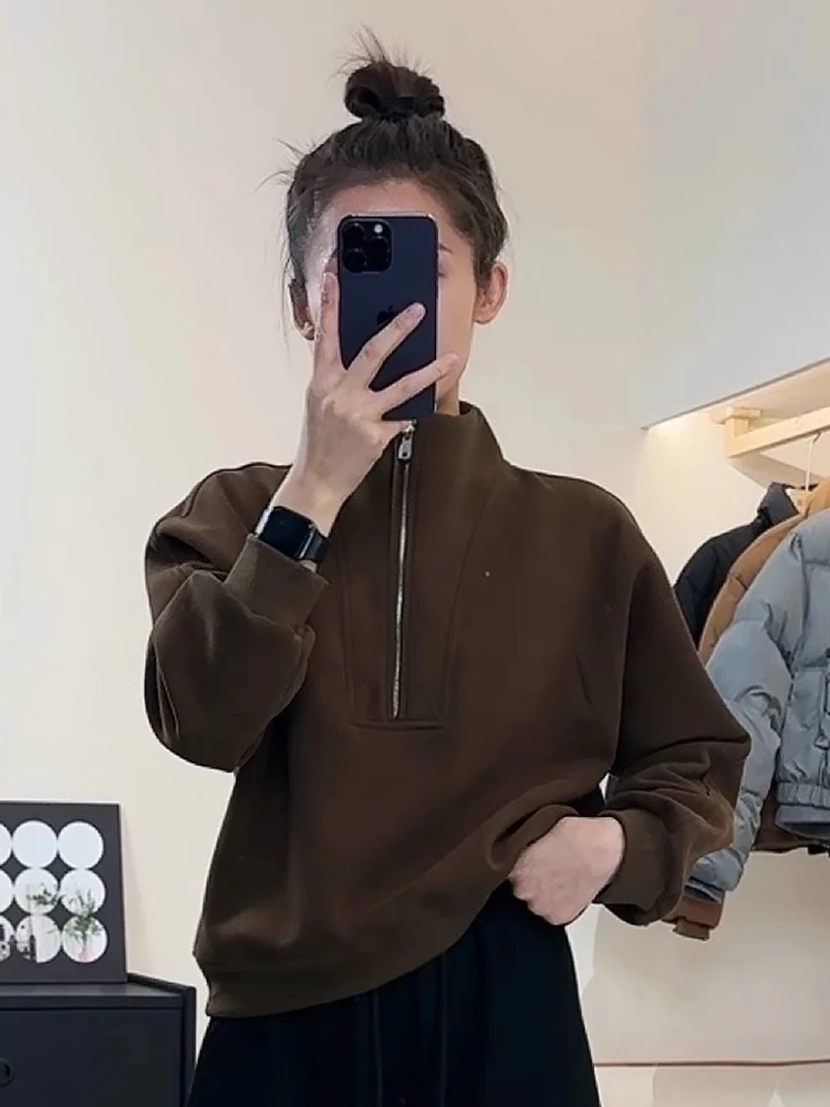   Felpa con cappuccio lunga calda Sve ampia e comoda autunno inverno nuova felpa da donna Lazy Faion con cerniera e colletto alla coreana