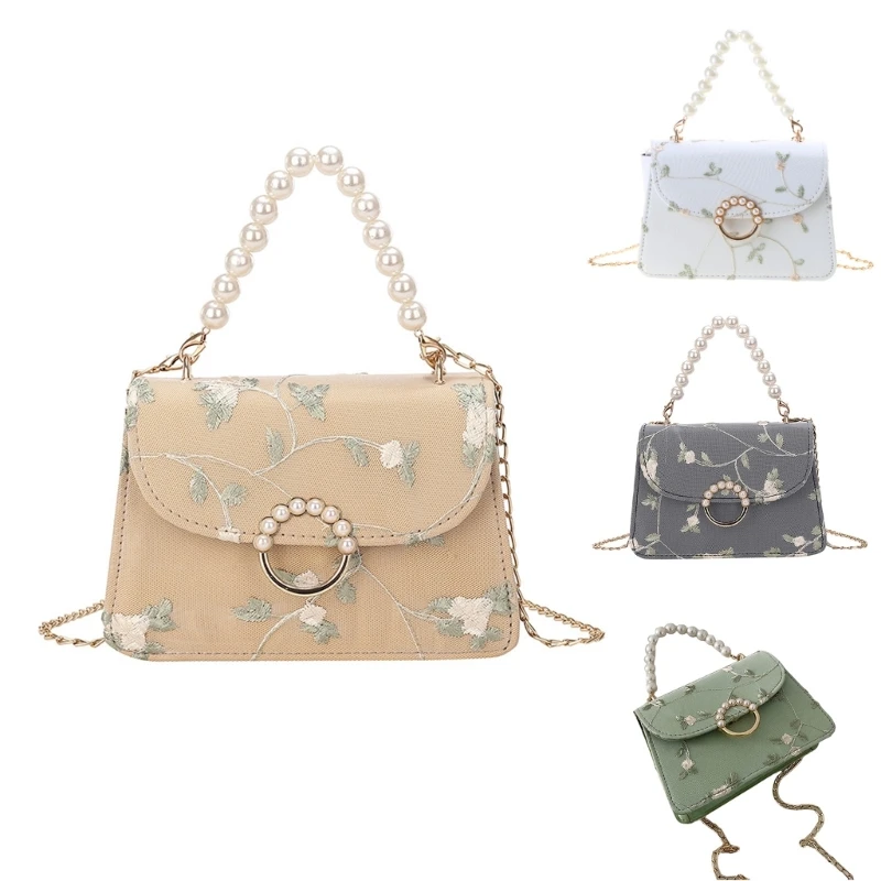 Floral Embroidery Mini Flap Handbag Shoulder Crossbody Bag for Women and Girls