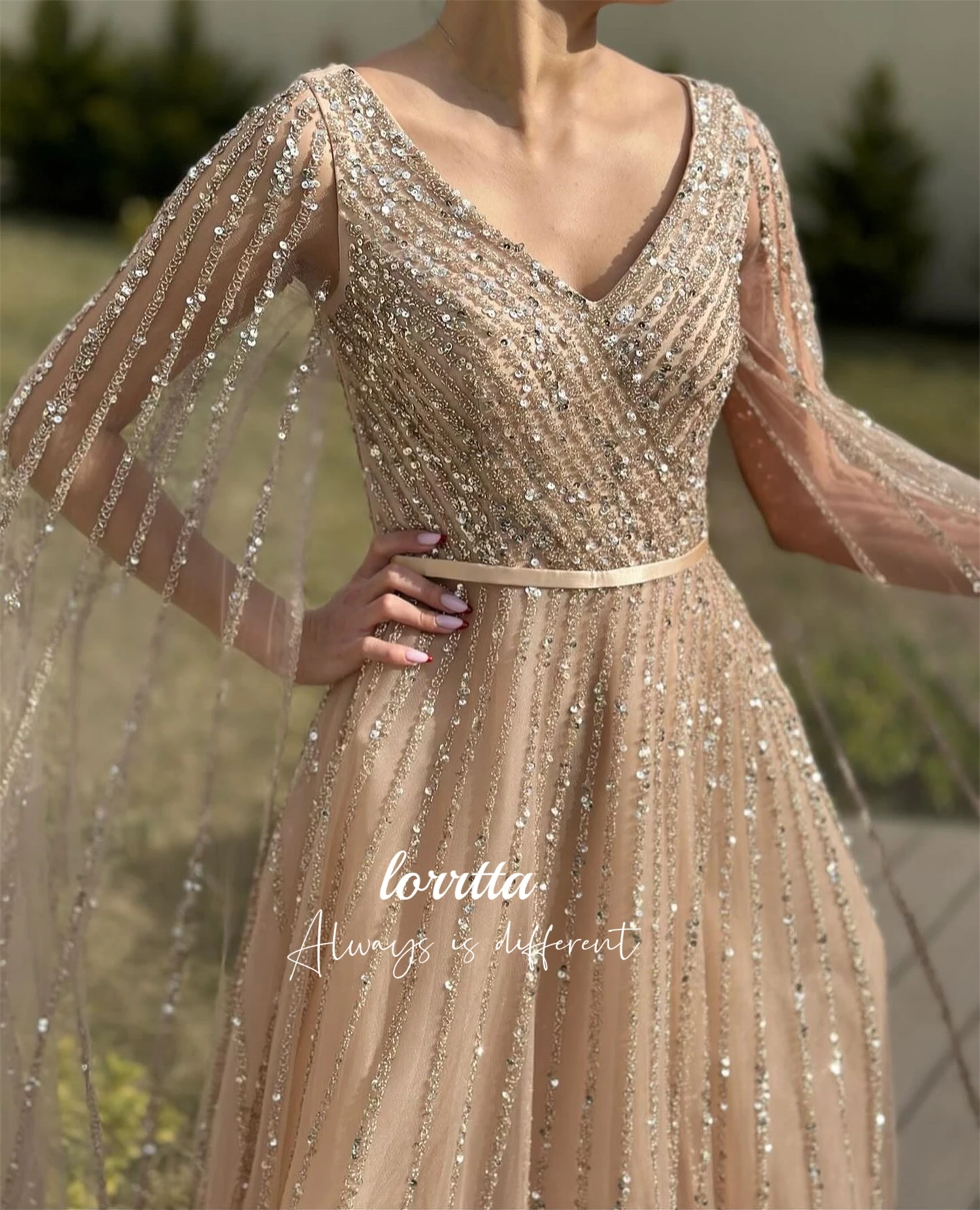 Lorrtta-Robe de Soirée en Tissu Brcorporelle Ligne A, Luxueuse, Châle Formel, Col en V, pour les Occasions Spéciales, Bal Personnalisé