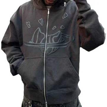 Amerykańska bluza retro z zamkiem błyskawicznym, gotycki nadruk z literami i gwiazdami, długa bluza z kapturem na zamek błyskawiczny, styl uliczny, średniej długości.