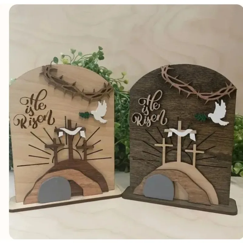 Il est ressuscité décor en bois, scène de résurrection de pâques tombe vide, décorations de Table chrétienne intérieure, décor de pâques religieux de jésus
