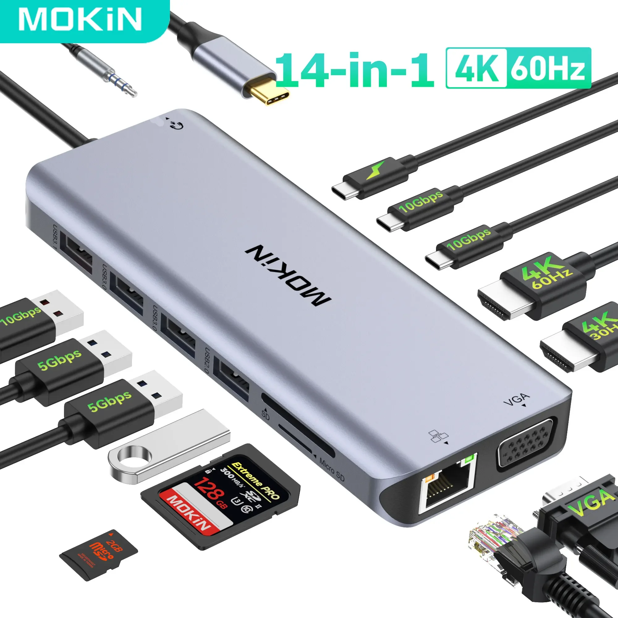 موكين USB C HUB Type C 4K@60 هرتز HDMI Hub، VGA 3USB 3.1 10Gbps PD RJ45 SD/TF محطة إرساء لملحقات الكمبيوتر المحمول MacBook Air Pro