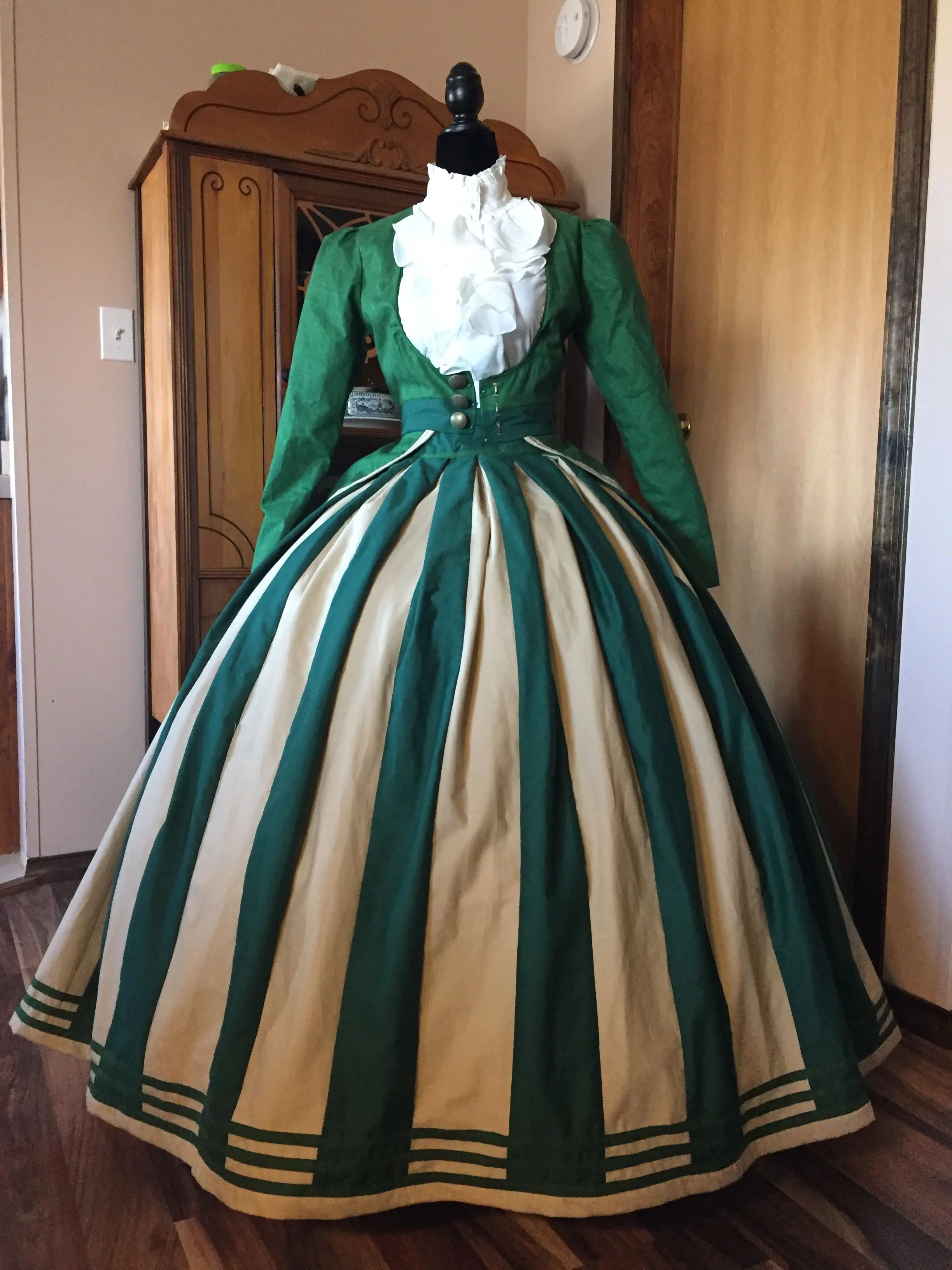 1800s Fashion Edwardian Costume Victorian Era Dress Green Striped Civil War Tea Gown Custom Made