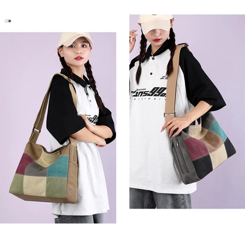 Canvas Bag New Women's Single Shoulder Crossbody Sports Bag Multi-pocket Travel Large Bag Patchwork Casual Handbags Plaid Totes