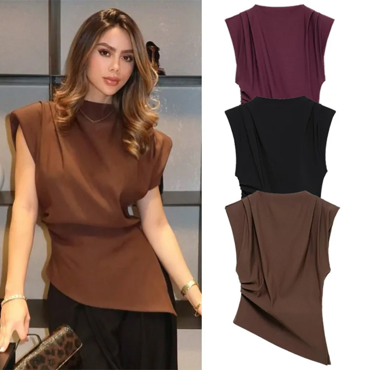 2025 Women's T-Shirt Clothes Woman Clothing Top Women Basic All-Match Tops New Fashion Pleated Asymmetrical Padded Shoulder Top