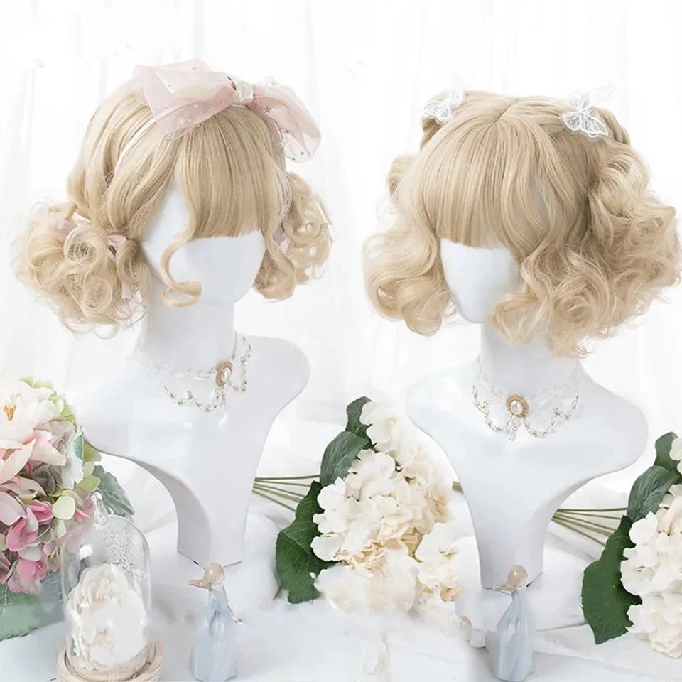 

Roman Curly Synthetic Lolita Curly Hair With Bangs Golden Anime Wig Woman Party Cosplay Wig Natural Fake Hair for Women