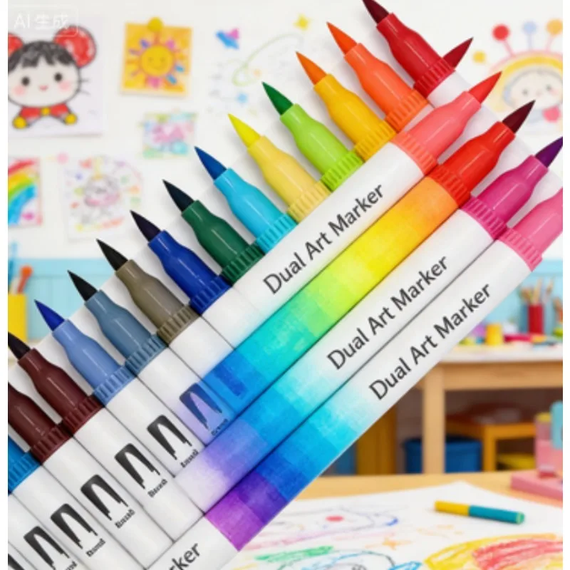 أقلام تحديد ذات طرف رفيع وفرشاة مكونة من 12 لونًا - مجموعة تلوين متعددة الأغراض لرسم اليوميات |   هدية عيد الشكر