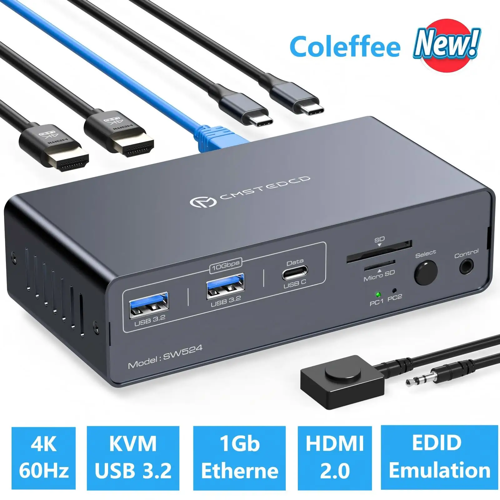 USB-C ThunderBolt KVM Switch 4K@60Hz 2 Laptops 2 Monitor Dual 10Gbps USB 3.2 Type C HDMI for Macbook 2 PC With SD/microSD Ports