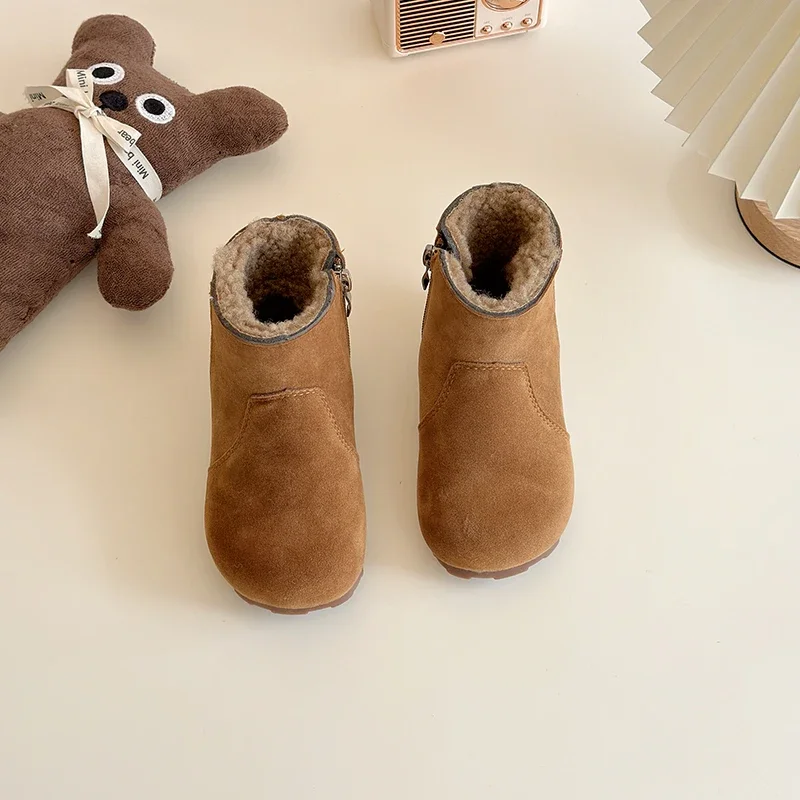 2024 Winter New Children\'s Genuine Leather Boots Girls\' Cotton Shoes Korean Matte Boys\' Short Boots Fashion Leopard Pattern