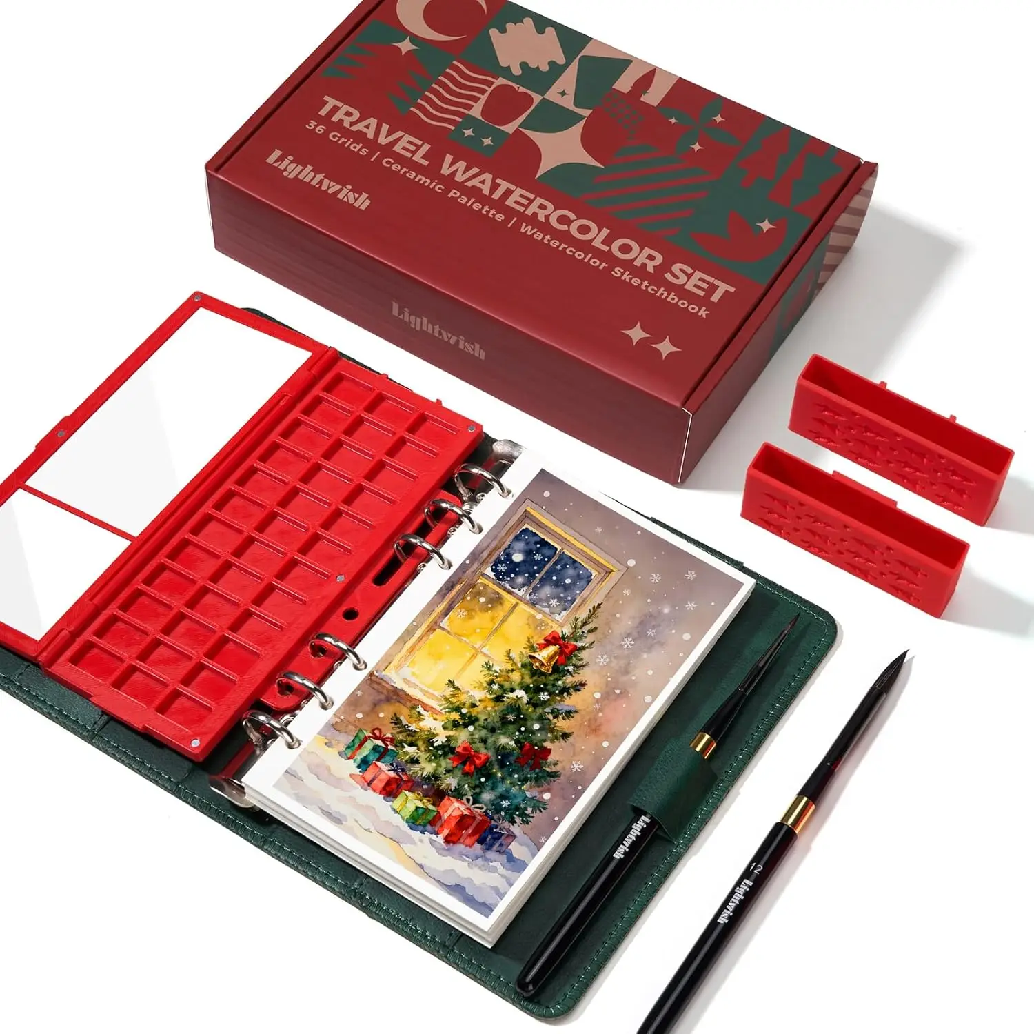 Portable Watercolor Sketchbook Set - 6.7x3.9 Inch Binder Art Journal with 36-Well Ceramic Paint Palette & 2 Brushes for Outdoor