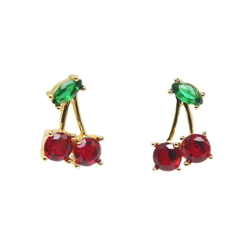 Cute Red Zircon Cherry Leaf Stud Earrings Women Piercing Jewelry For Fashion Crystal Dangle Party Prom Birthday Wedding Gifts